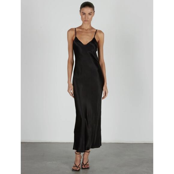 ENZA COSTA Dress Womens Medium 2 Black Satin Bias Slip Maxi Spaghetti Strap NEW - Picture 2 of 16